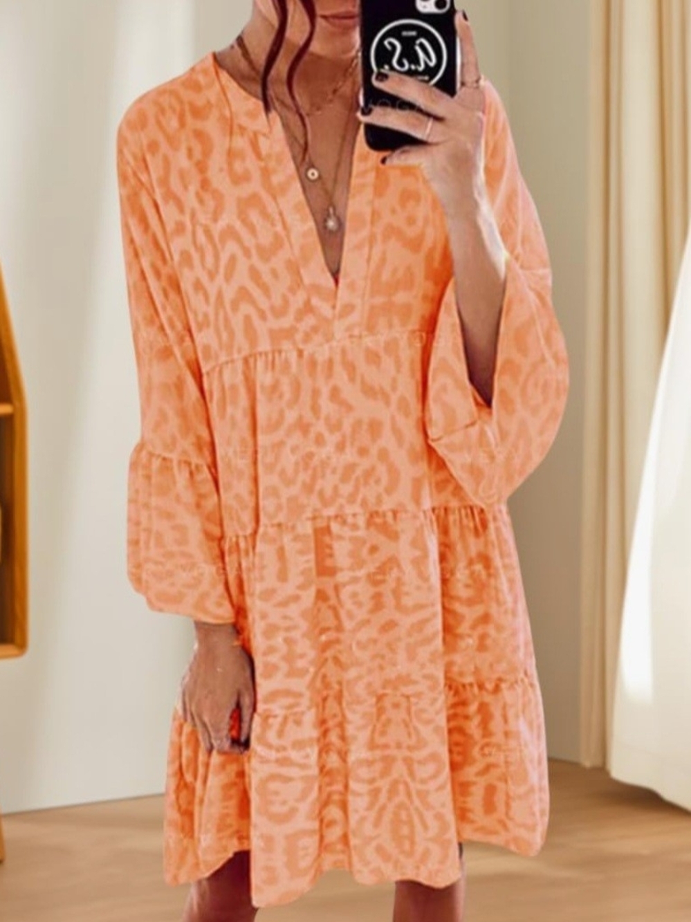 Peach Animal-Print Tiered Mini Dress With Lantern Sleeves